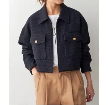 spick&span 트위드 크롭 지퍼 블루종 + 2턱 와이드 팬츠