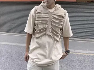 베이지 후드 부착 골격 베스트 y2k 락 그런지 펑크