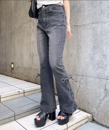 INGNI 플레어 데님 팬츠 그레이 S 레이스업