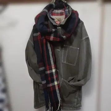 그레이 코튼 커버올 체크 셔츠 대형 머플러 포함