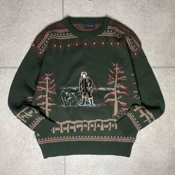 니트 시베리아 허스키 썰매 사람 자수 디자인 90s 올 패턴 울