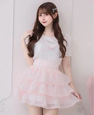 pium 하트 레이스 퍼프 슬리브 T셔츠 핑크 피