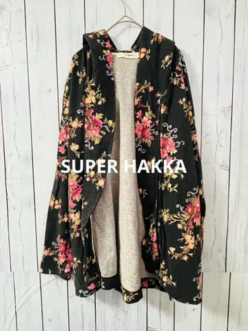 SUPER HAKKA 슈퍼 하카 꽃무늬 후드 부착 롱 후드티 다크 그레이