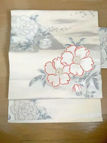 나고야 오비 꽃무늬 빨간 꽃 실크
