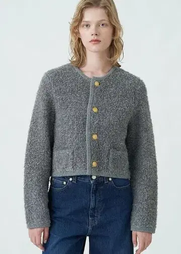 23AW 맥피 무스탕 크루넥 가디건 골드 버튼 그레이 S