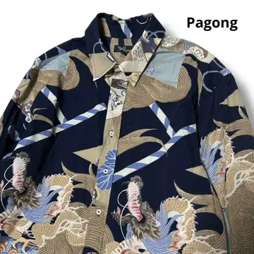 Pagong 긴팔 셔츠 일본풍 패턴 용 올 패턴 LL 네이비 코튼