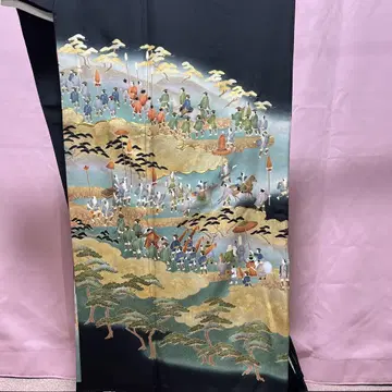 전통 예복 기모노 블랙 전통 예복 기모노 순수 실크 다이묘 행렬
