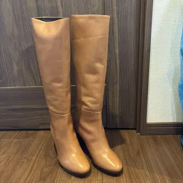 베이지 가죽 롱 부츠 힐 8cm