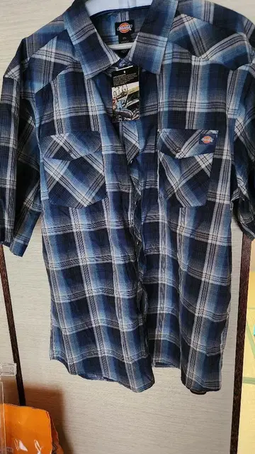 Dickies 블루 계열 체크 무늬 반팔 워크 셔츠 3XL
