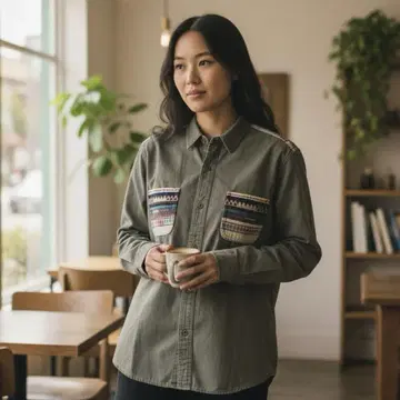 고슬로우캐러밴 자수 밀리터리 셔츠 XL LL 여성용 카키