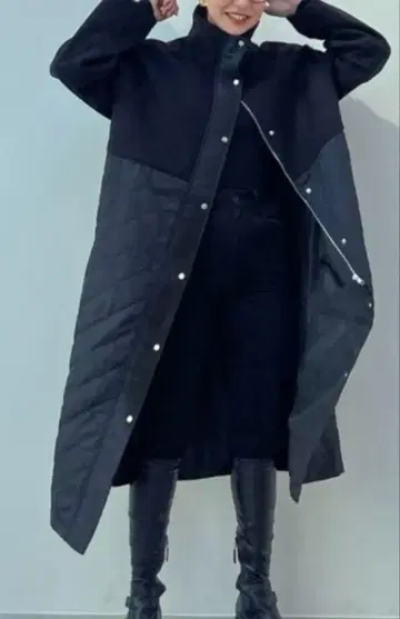 퀼트 x 페이크 울 코트 블랙 롱 코트