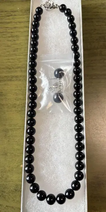 미사용품 블랙 오닉스 (흑마노) 목걸이와 귀찌 세트