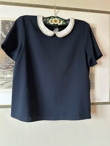 ZARA 네이비 반팔 상의 화이트 펄 카라 청순하고 귀여운 폴리에스테르