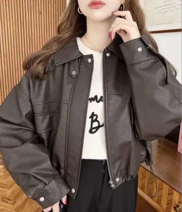 미사용 새상품 빈티지 스타일 매트 인조 가죽 2WAY 칼라 숏 블루종