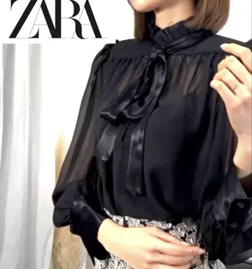새상품급 ZARA 쉬폰 어른스러운 멋진 리본 달린 블랙 셔츠 긴팔