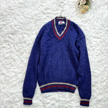쇼와 레트로 칠드런 케이블 니트 블루 울 빅 사이즈 루즈핏 L