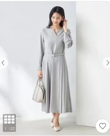 허리 벨트 포함 그레이 긴팔 원피스