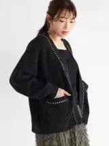 미사용 새상품 Vin 가죽 메탈 라인 니트 가디건 블랙 완판