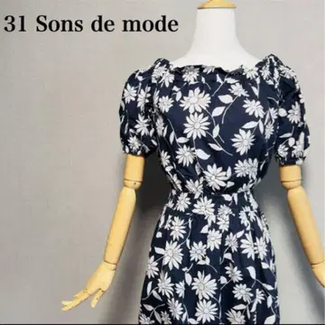 31 Sons de mode 꽃무늬 원피스 36 S 네이비 퍼프 슬리브