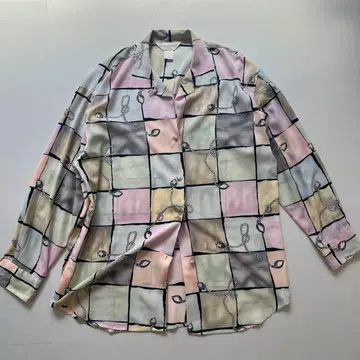 [구제 의류] 파스텔 컬러 폴리에스테르 셔츠 체크 무늬 긴팔 셔츠 L