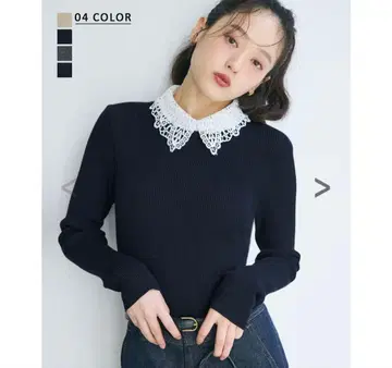 2TYPE 카라 부착 리브 니트 네이비 레이스 옷깃 긴팔 니트
