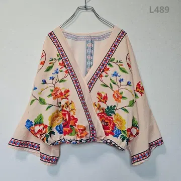 블라우스 풀오버 숏 기장 오렌지 꽃무늬 레트로 디자인 개성있는 봄/가을