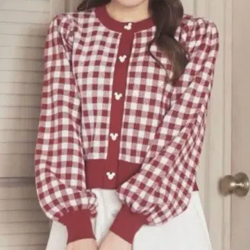 Areeam 미키 체크 무늬 니트 가디건 레드