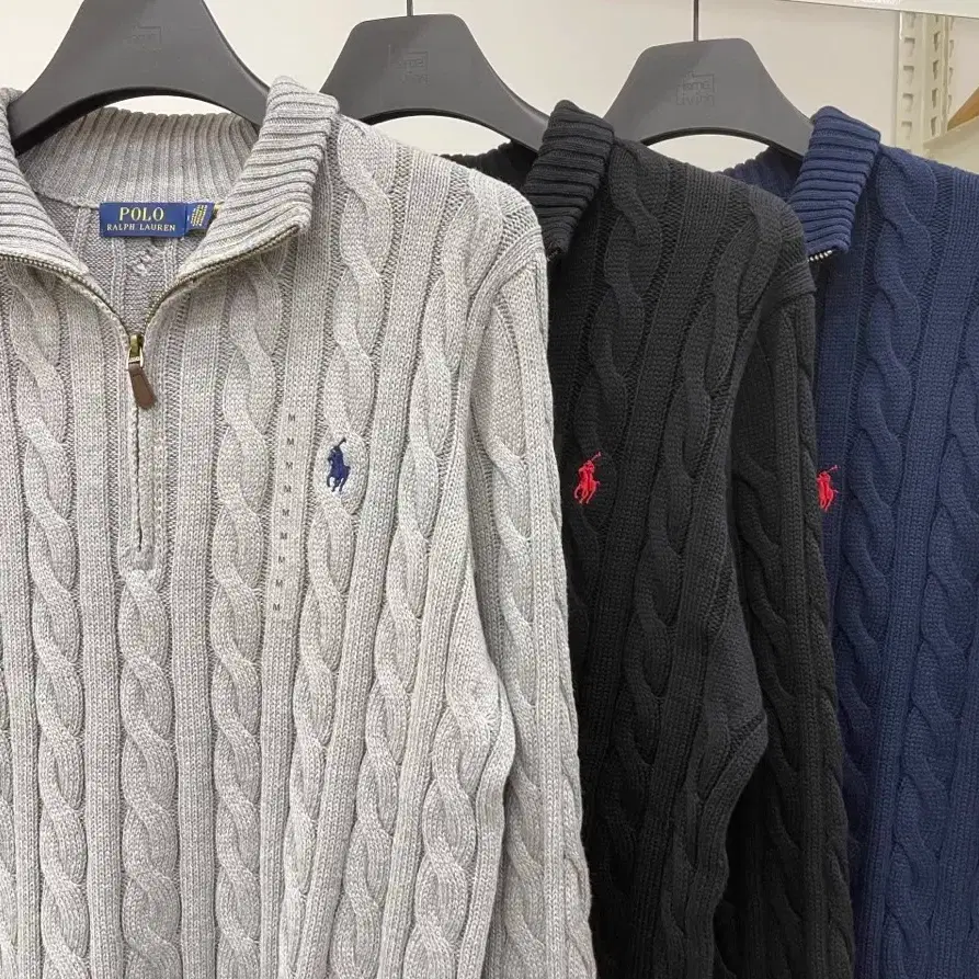 Authentic / Free Shipping) Polo Ralph Lauren Half-Zip Cable Knit / Black, Gray, Navy