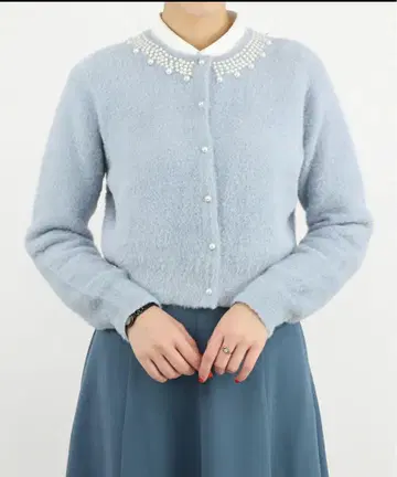펄 초커풍 샤기 니트 가디건 blue gray