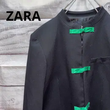 새상품 ZARA 노카라 자켓 차이나 버튼 블랙 그린 S 택 포함