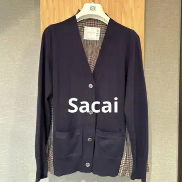 Sacai 네이비 타탄 체크 가디건