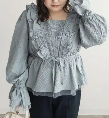 CLETTE 오리지널 프릴 디자인 페플럼 블라우스 4L 블루 빅 사이즈