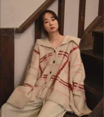 mideal 체크 패턴 가디건 레드
