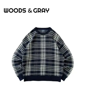 WOODS & GRAY 90s 체크 무늬 코튼 니트 스웨터 네이비