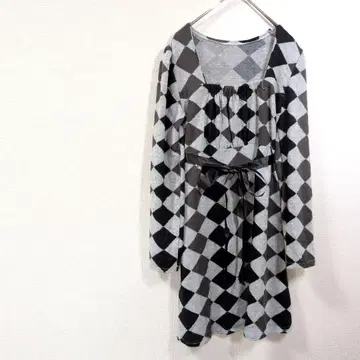 모노톤 격자무늬 리본 포함 니트 원피스 긴팔 가을/겨울 귀여운 걸리시