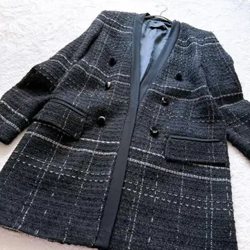 ZARA 자라 노카라 트위드 체크 자켓 블랙, 그레이
