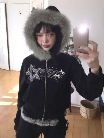 퍼 지퍼 후드티 별 모양 큐빅 y2k 그런지 opium