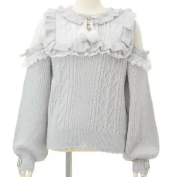 LIZLISA 폼폼 리본 레이스 요크 니트탑 블루