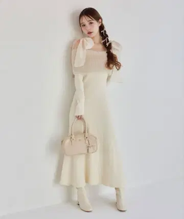 원피스 어깨 리본 니트 원피스 아이보리 프리 사이즈