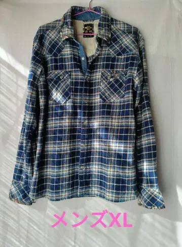 빅 사이즈 긴팔 플란넬 셔츠 블루 계열 체크 무늬 남성용 XL 미야비유이