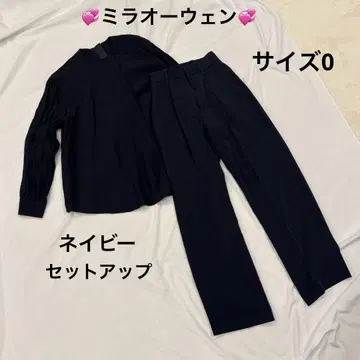 미라 오웬 네이비 퍼프 슬리브 셋업 슬랙스 블라우스