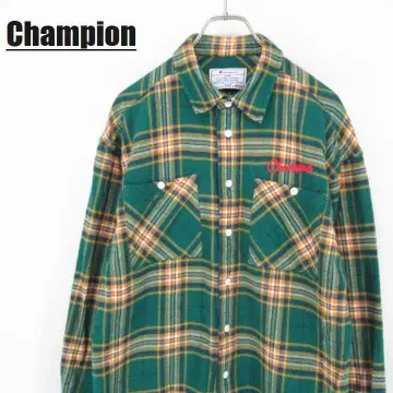 Champion 플란넬 셔츠 체크 무늬 M 사이즈 그린 x 오렌지