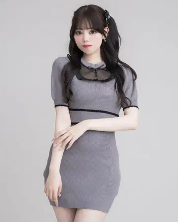 pium 튤 프릴 도리 니트 퍼프 원피스 그레이