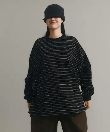 스트라이프 패턴 오버 사이즈 긴팔 티셔츠