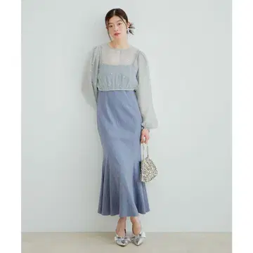 미사용 새상품 VIS 튤 펄 블라우스 포멀 드레스 블루 M
