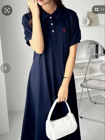 [ U.S .POLO.ASSN ] 네이비 반팔 폴로 카라 롱 원피스