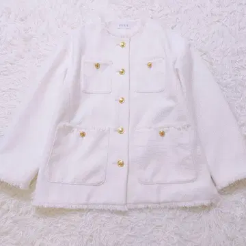 PLST 플라스테 트위드 자켓 노카라 화이트 골드 버튼