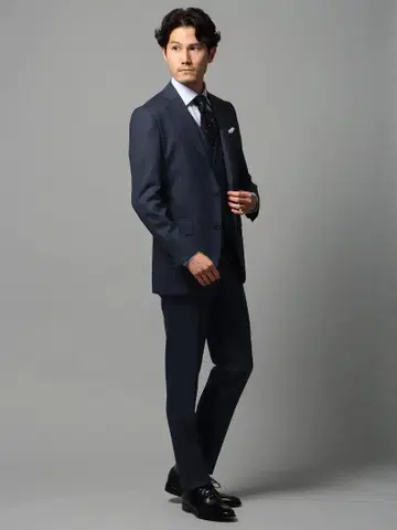 [ 미사용 새상품 ] 다크 네이비 쓰리피스 정장 세트 마이크로 패턴 고급