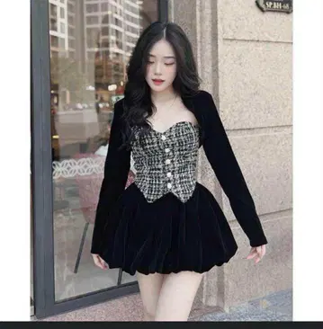 블랙 벨벳 트위드 스커트 셋업
