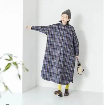 nop de nod 체크 무늬 롱 셔츠 원피스 블루 계열